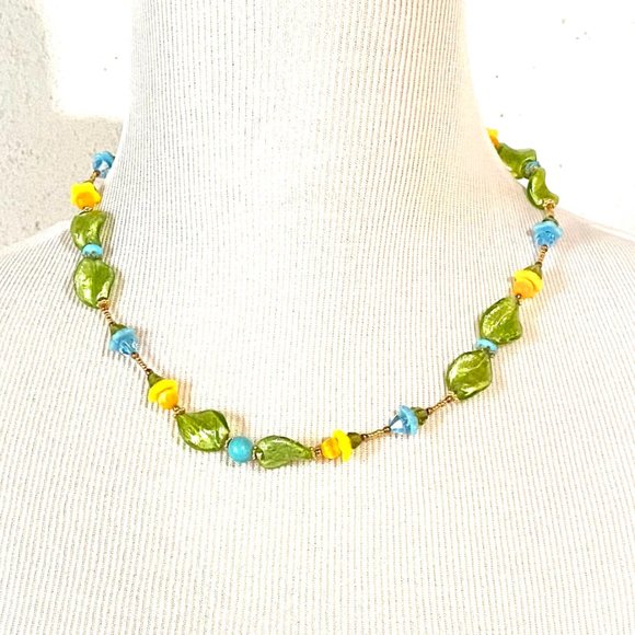 Handmade Green Petal Yellow & Blue Floral Swarovski crystal & Turquoise Necklace - Picture 2 of 7